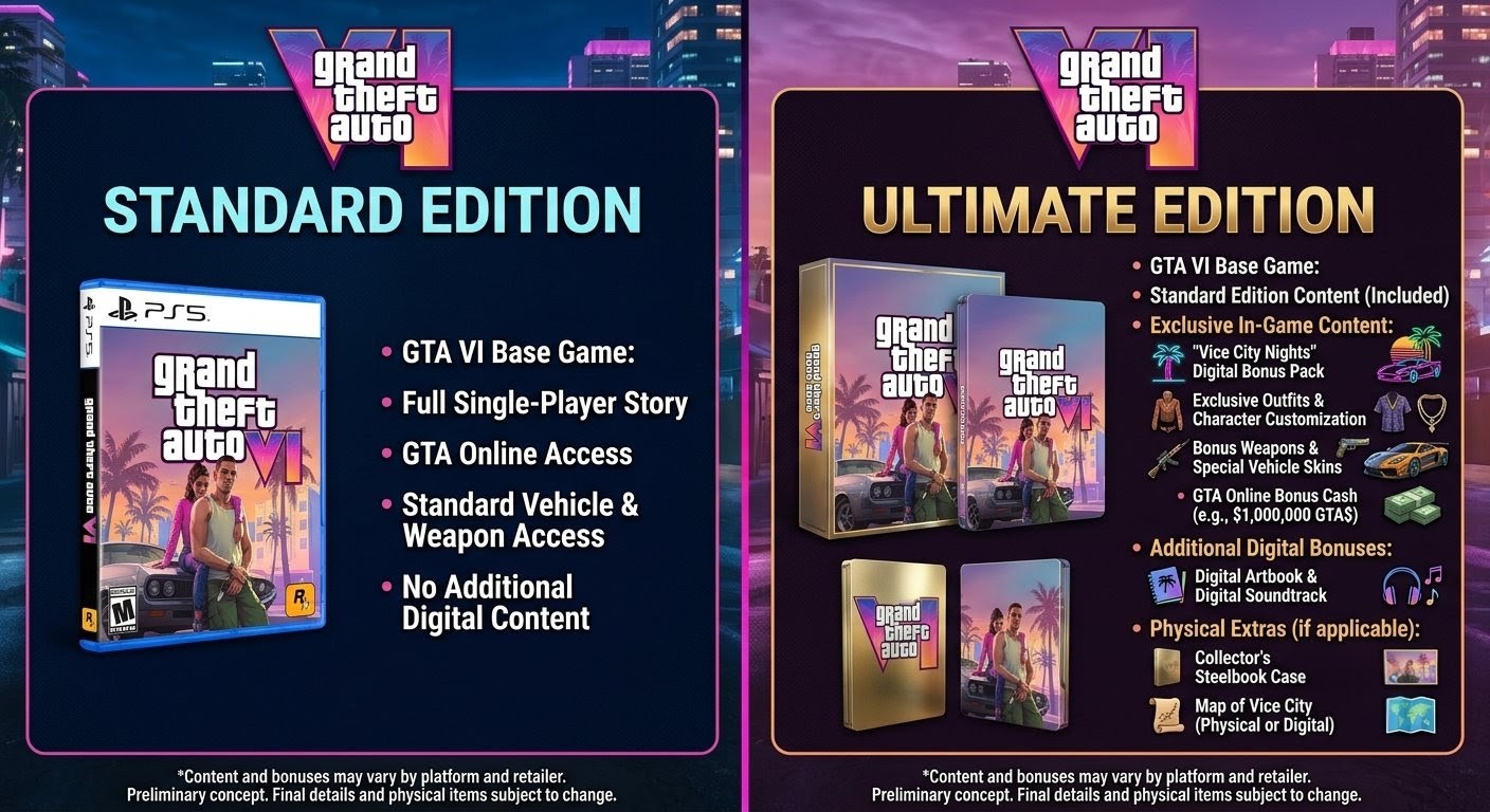 GTA 6 Pre Order Bonus Items Explained: Standard vs Ultimate Edition Price